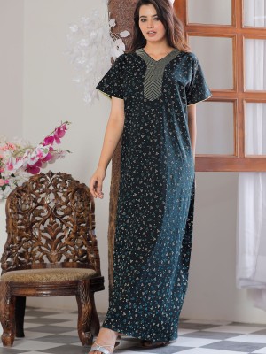 Dark Green Cotton Nighty Night Gown Indoor Wear Comfortable Printed Night Kurti Maxi
