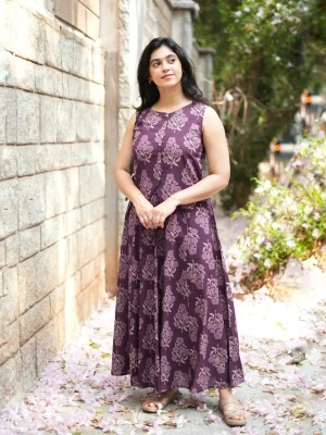 Summer Purple Floral Block Printed Cotton Crop Top With Skirt Co Ord Set (Set Of 2)