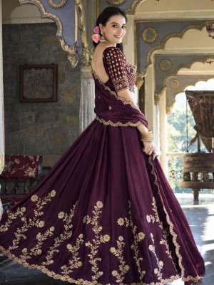 Wine Elegant Ethnic Embroidered Lehenga Dupatta Set Designer Semi Stitched Lehenga Choli