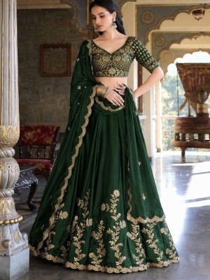 Green Elegant Ethnic Embroidered Lehenga Dupatta Set Designer Semi Stitched Lehenga Choli
