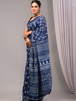 Jaya Indigo Blue Traditional Jaipuri Cotton Mulmul Saree with Blouse Piece