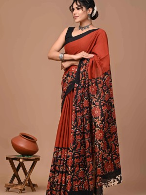 Girija Red & Black Bagru Printed Cotton Mulmul Saree with Blouse Piece