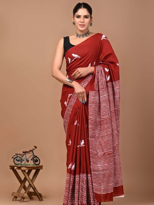 Diksha Maroon Bagru Printed Pure Cotton Mulmul Saree with Blouse Piece