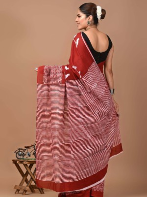Diksha Maroon Bagru Printed Pure Cotton Mulmul Saree with Blouse Piece