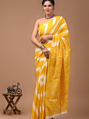 Yellow Traditional Leheriya Printed Pure Cotton Mulmul Saree with Blouse Piece