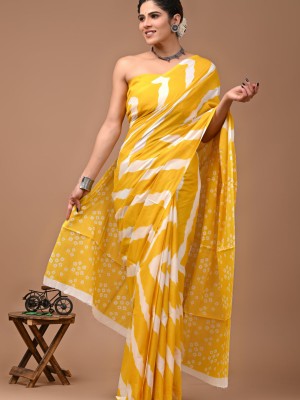 Yellow Traditional Leheriya Printed Pure Cotton Mulmul Saree with Blouse Piece