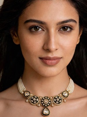 Emerald Green Meenakari and White Kundan Stone Studded Necklace Jewellery Set With Maang Tika and Ring