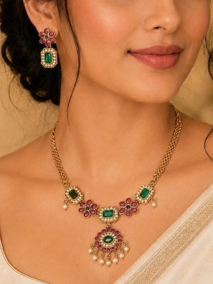 Floral Green & Red Stone Necklace Set Designer Choker Jewellery Set Lightweight Gold Finish Pearl Drop Necklaces For Women & Girls