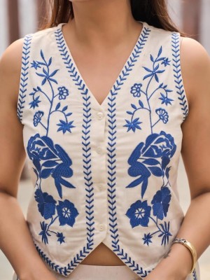 Selena Cream Embroidered Cotton Flex Sleeveless Top Pant Co Ord Set For Women 