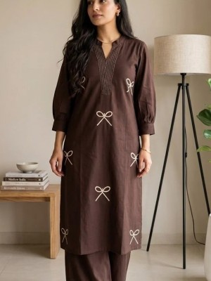 Brown Cotton Embroidered Straight Fit Cotton Kurti Pant Co Ord Set For Women