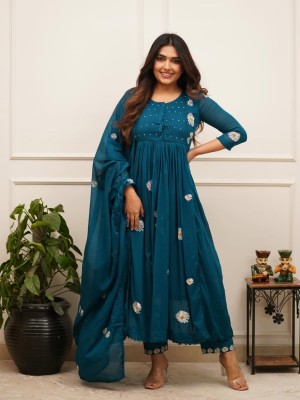 Teal Blue Floral Embroidered Anarkali Cotton Kurti Pant With Dupatta Set For Women (Set Of 3) 