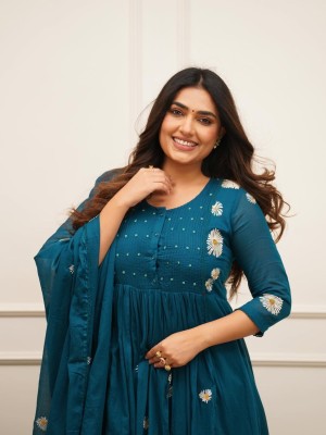 Teal Blue Floral Embroidered Anarkali Cotton Kurti Pant With Dupatta Set For Women (Set Of 3) 