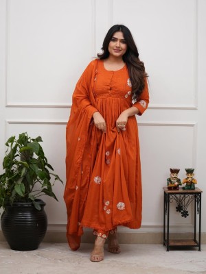 Orange Floral Embroidered Anarkali Cotton Kurti Pant With Dupatta Set For Women (Set Of 3) 