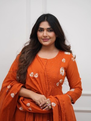 Orange Floral Embroidered Anarkali Cotton Kurti Pant With Dupatta Set For Women (Set Of 3) 