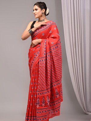 Red & Blue Jaipuri Handmade Block Printed Cotton Mulmul Saree with Blouse Piece