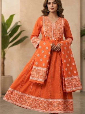 Orange Jaipuri Block Printed V-Neck Anarkali Cotton Kurti Pant With Dupatta Set For Women 