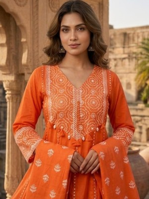 Orange Jaipuri Block Printed V-Neck Anarkali Cotton Kurti Pant With Dupatta Set For Women 