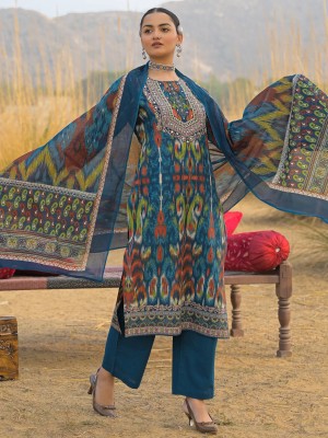 Blue Multi Jaipuri Ikkat Print With Sequence Work Cotton Kurti Pant With Dupatta Set For Women 