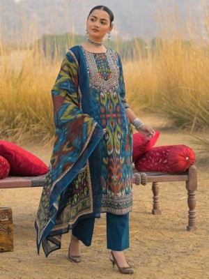 Blue Multi Jaipuri Ikkat Print With Sequence Work Cotton Kurti Pant With Dupatta Set For Women 