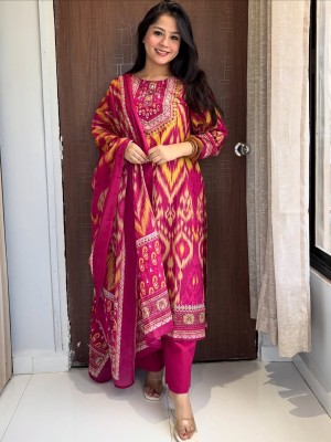 Rani Pink Multi Jaipuri Ikkat Print With Sequence Work Cotton Kurti Pant With Dupatta Set For Women 