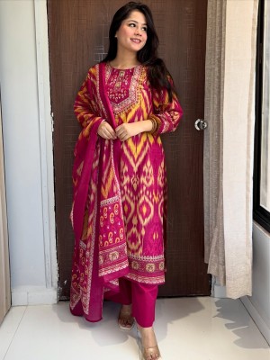 Rani Pink Multi Jaipuri Ikkat Print With Sequence Work Cotton Kurti Pant With Dupatta Set For Women 