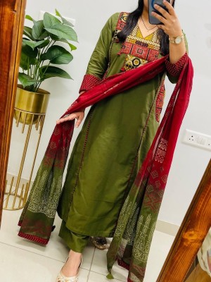 Olive Green Heavily Embroidered On Yoke Straight Fit Cotton Kurti Pant With Dupatta Set For Women 