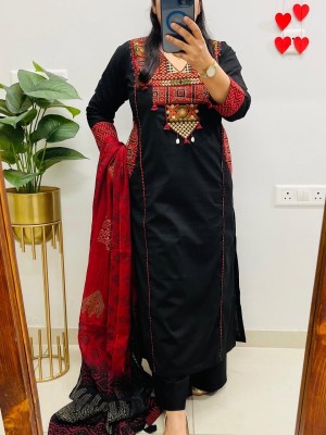 Black Heavily Embroidered On Yoke Straight Fit Cotton Kurti Pant With Dupatta Set For Women 