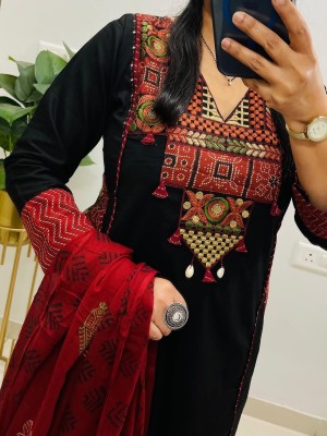 Black Heavily Embroidered On Yoke Straight Fit Cotton Kurti Pant With Dupatta Set For Women 
