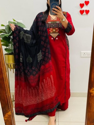 Red Heavily Embroidered On Yoke Straight Fit Cotton Kurti Pant With Dupatta Set For Women 