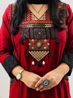 Red Heavily Embroidered On Yoke Straight Fit Cotton Kurti Pant With Dupatta Set For Women 