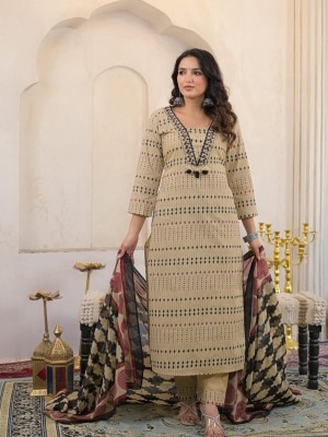 Beige Printed Mirror On Yoke Straight Fit Cotton Kurti Pant With Dupatta Set For Women 