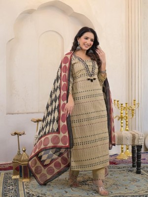 Beige Printed Mirror On Yoke Straight Fit Cotton Kurti Pant With Dupatta Set For Women 