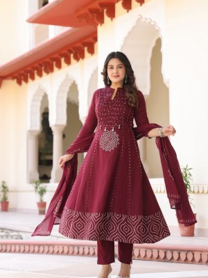 Wine Mandala Print Sequence Work On Yoke Anarkali Style Cotton Kurti Pant With Dupatta Set For Women 