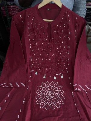 Wine Mandala Print Sequence Work On Yoke Anarkali Style Cotton Kurti Pant With Dupatta Set For Women 