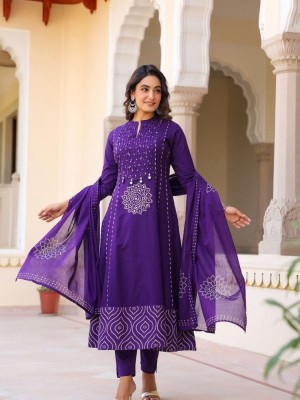 Purple Mandala Print Sequence Work On Yoke Anarkali Style Cotton Kurti Pant With Dupatta Set For Women 
