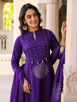 Purple Mandala Print Sequence Work On Yoke Anarkali Style Cotton Kurti Pant With Dupatta Set For Women 