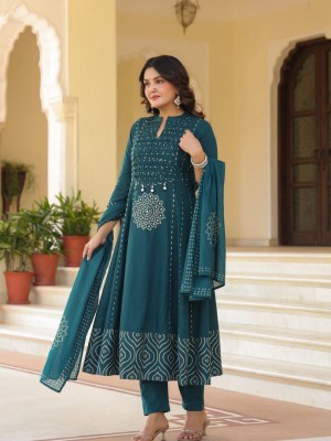 Rama Green Mandala Print Sequence Work On Yoke Anarkali Style Cotton Kurti Pant With Dupatta Set For Women 