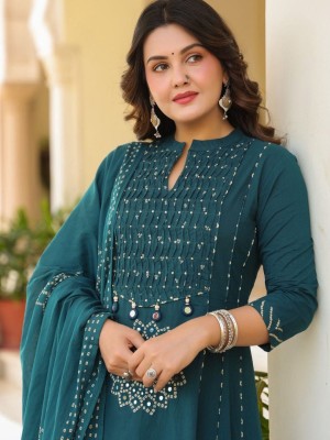 Rama Green Mandala Print Sequence Work On Yoke Anarkali Style Cotton Kurti Pant With Dupatta Set For Women 