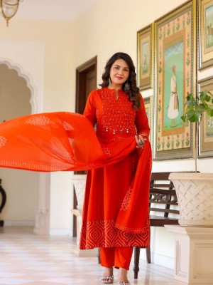 Orange Mandala Print Sequence Work On Yoke Anarkali Style Cotton Kurti Pant With Dupatta Set For Women 