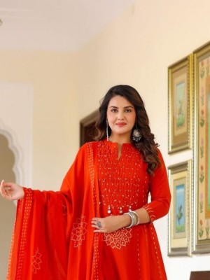 Orange Mandala Print Sequence Work On Yoke Anarkali Style Cotton Kurti Pant With Dupatta Set For Women 