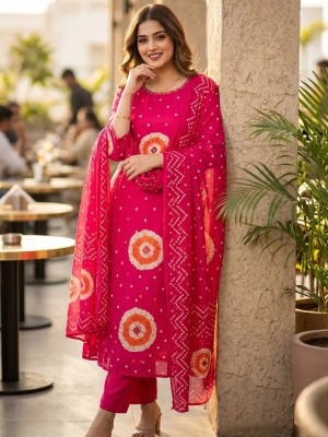 Magenta Bandhani Print Straight Fit Cotton Kurti Pant With Dupatta Set For Women (Set Of 3)