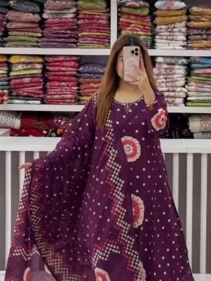 Purple Bandhani Print Straight Fit Cotton Kurti Pant With Dupatta Set For Women (Set Of 3)