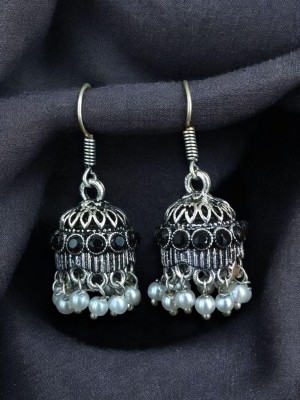 Ethnic Stone Crafted Jhumka Drop Earring Silver Oxidized Jhumki Hook Earrings