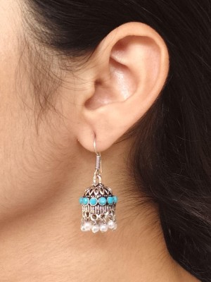 Ethnic Stone Crafted Jhumka Drop Earring Silver Oxidized Jhumki Hook Earrings