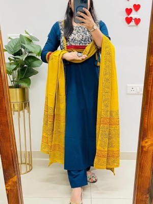 Blue Traditional Kalamkari Printed Yoke Straight Fit Cotton Kurti Pant With Dupatta Set For Women (Set Of 3)