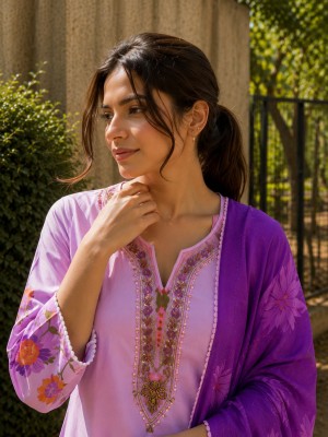 Lavender Floral Printed Handwork On Neck Straight Soft Silk Kurti Pant with Dupatta Salwar Suit - Set Of 3