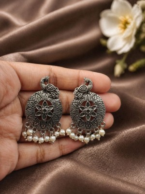 Graceful Party Wear Peacock Designer Earring Silver Oxidised with Pearl Drops