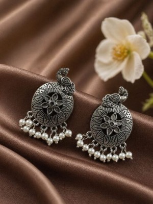 Graceful Party Wear Peacock Designer Earring Silver Oxidised with Pearl Drops