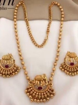 Long Matte Ethnic Elephant Jewllery Set Elegant Indian Golden Necklace Earrings Set