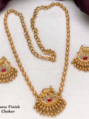 Long Matte Ethnic Elephant Jewllery Set Elegant Indian Golden Necklace Earrings Set